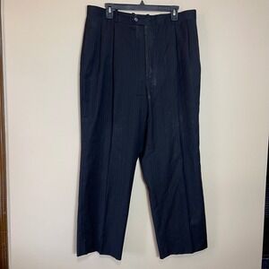 Dark Navy Pinstripe Wool Dress Pants Men Pleated Tailored Fit 36 x 28